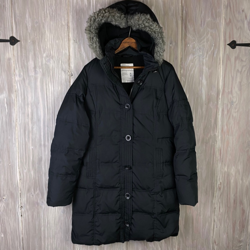 Aeropostale Womens Down Puffer Coat size M‎ Parka Black Faux Fur Hood Snap Y2K